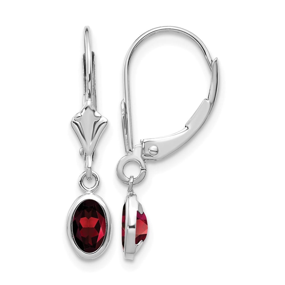 14K White Gold 6x4 Oval Bezel January/Garnet Leverback Earrings, view 1 of 4