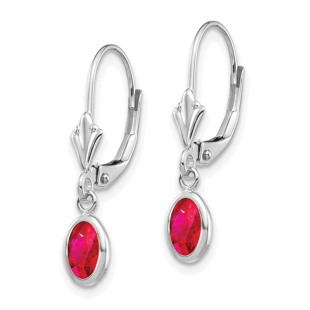 14K White Gold 6x4 Oval Bezel July/Ruby Leverback Earrings, view 2 of 4