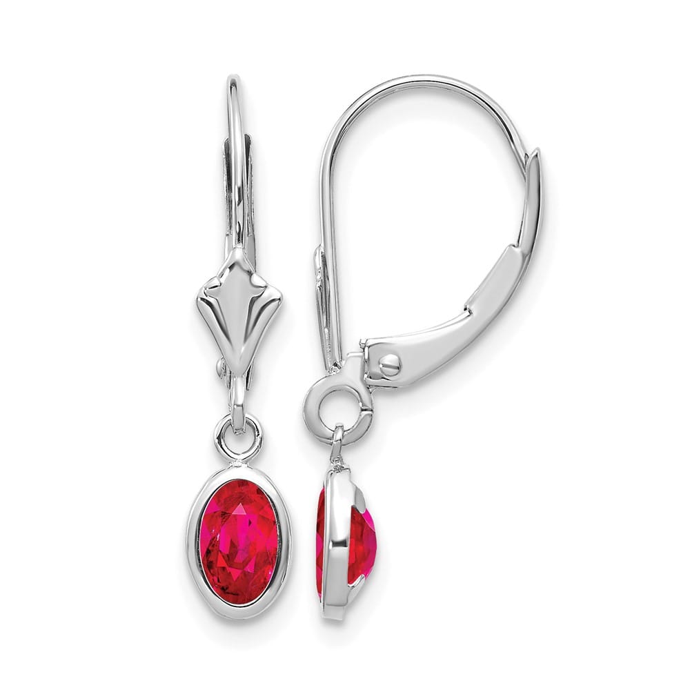 14K White Gold 6x4 Oval Bezel July/Ruby Leverback Earrings, view 1 of 4