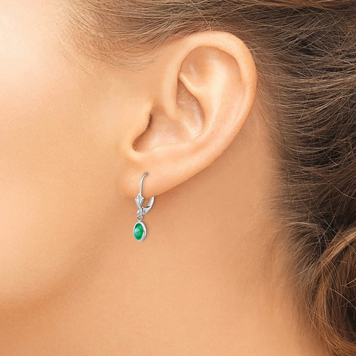 14K White Gold 6x4 Oval Bezel May/Emerald Leverback Earrings, view 3 of 4