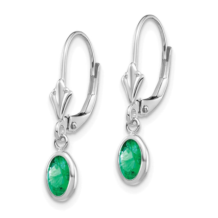 14K White Gold 6x4 Oval Bezel May/Emerald Leverback Earrings, view 2 of 4