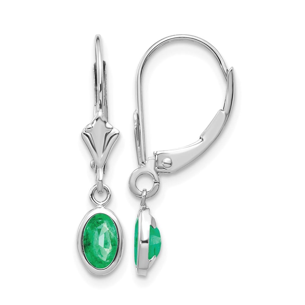 14K White Gold 6x4 Oval Bezel May/Emerald Leverback Earrings, view 1 of 4