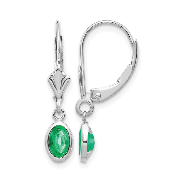 14K White Gold 6x4 Oval Bezel May/Emerald Leverback Earrings, view 1 of 4