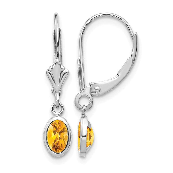 14K White Gold 6x4 Oval Bezel November/Citrine Leverback Earrings, view 1 of 4