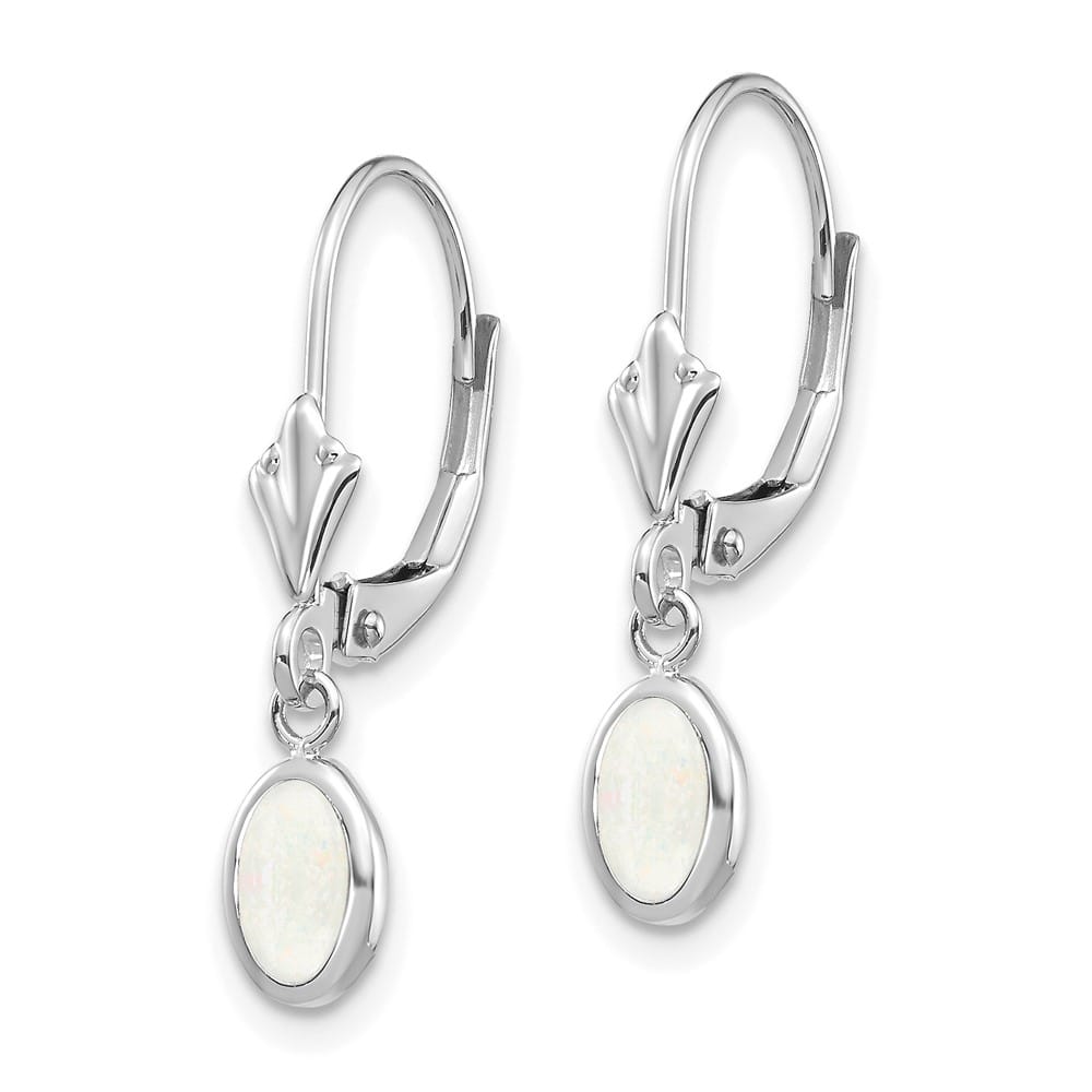 14K White Gold 6x4 Oval Bezel October/Opal Leverback Earrings, view 2 of 4