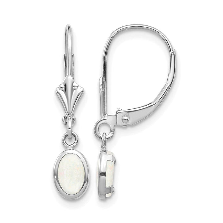14K White Gold 6x4 Oval Bezel October/Opal Leverback Earrings, view 1 of 4