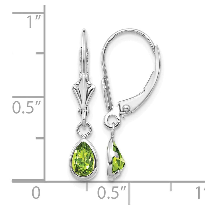 14K White Gold 6x4 Pear Bezel August/Peridot Leverback Earrings, view 4 of 4