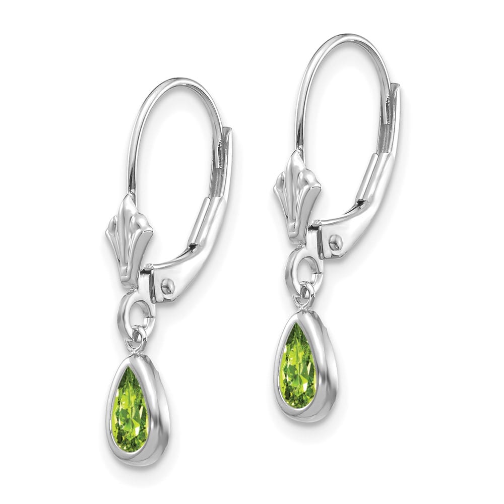 14K White Gold 6x4 Pear Bezel August/Peridot Leverback Earrings, view 2 of 4