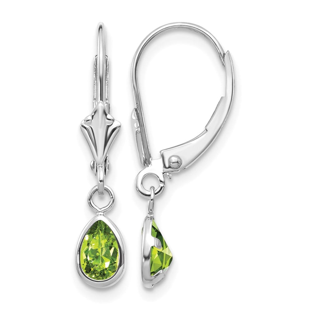 14K White Gold 6x4 Pear Bezel August/Peridot Leverback Earrings, view 1 of 4