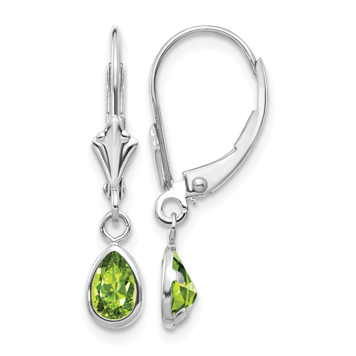14K White Gold 6x4 Pear Bezel August/Peridot Leverback Earrings, view 1 of 4