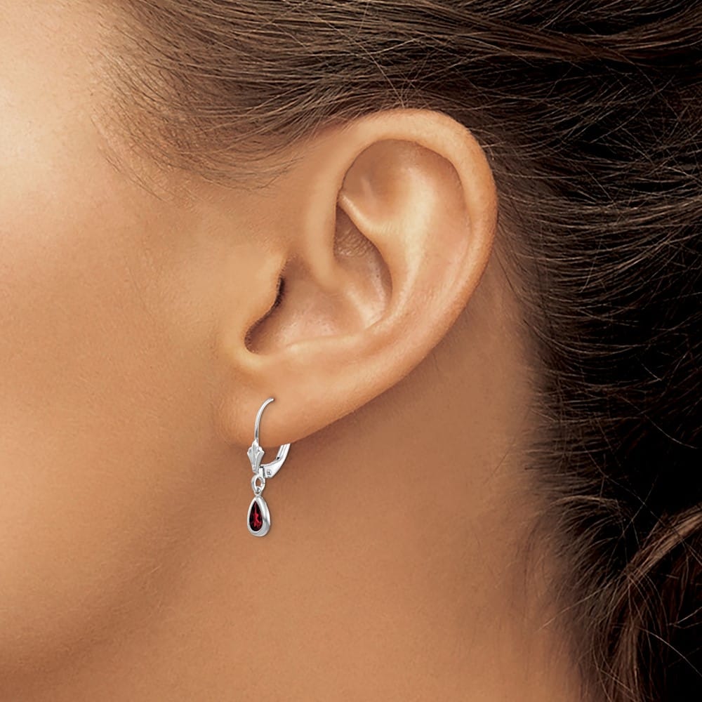 14K White Gold 6x4 Pear Bezel January/Garnet Leverback Earrings, view 3 of 4