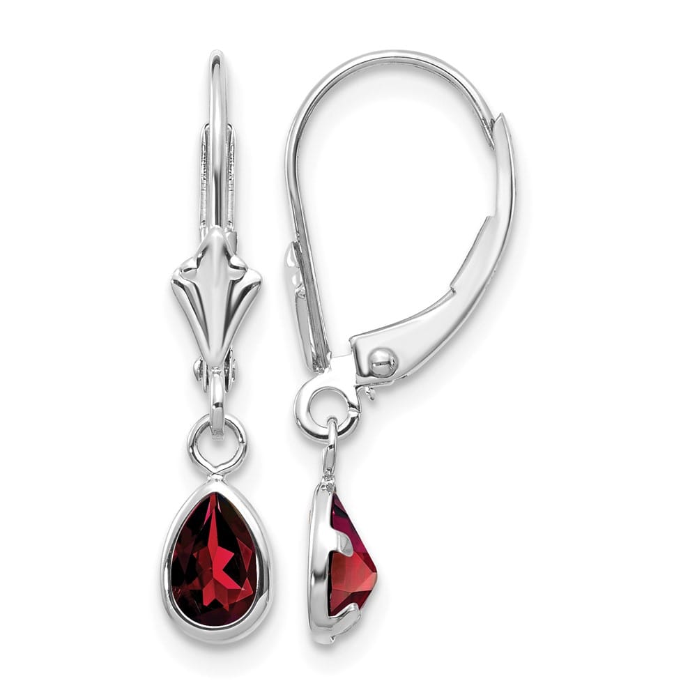 14K White Gold 6x4 Pear Bezel January/Garnet Leverback Earrings, view 1 of 4
