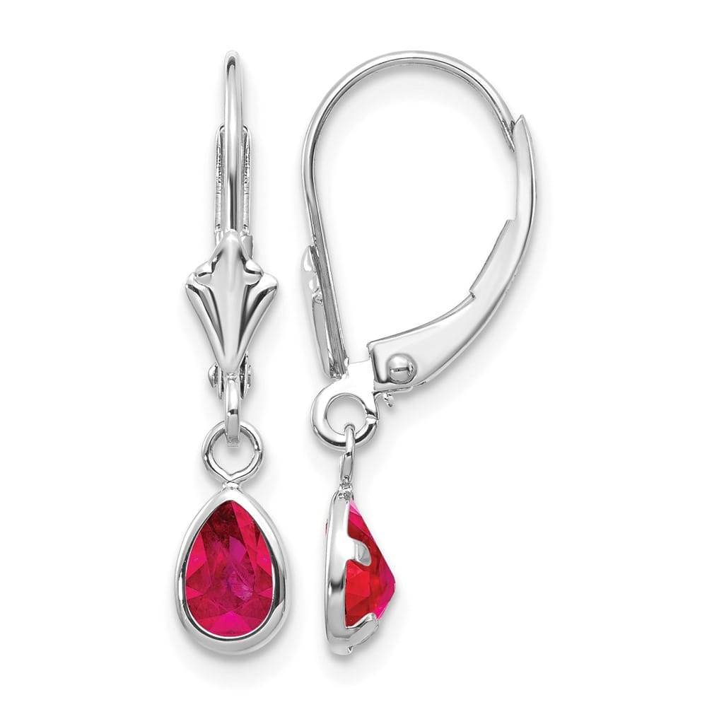 14K White Gold 6x4 Pear Bezel July/Ruby Leverback Earrings, view 2 of 4