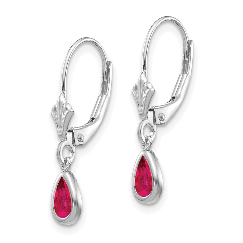 14K White Gold 6x4 Pear Bezel July/Ruby Leverback Earrings, view 1 of 4