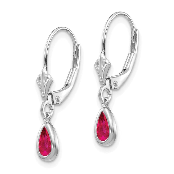 14K White Gold 6x4 Pear Bezel July/Ruby Leverback Earrings, view 1 of 4