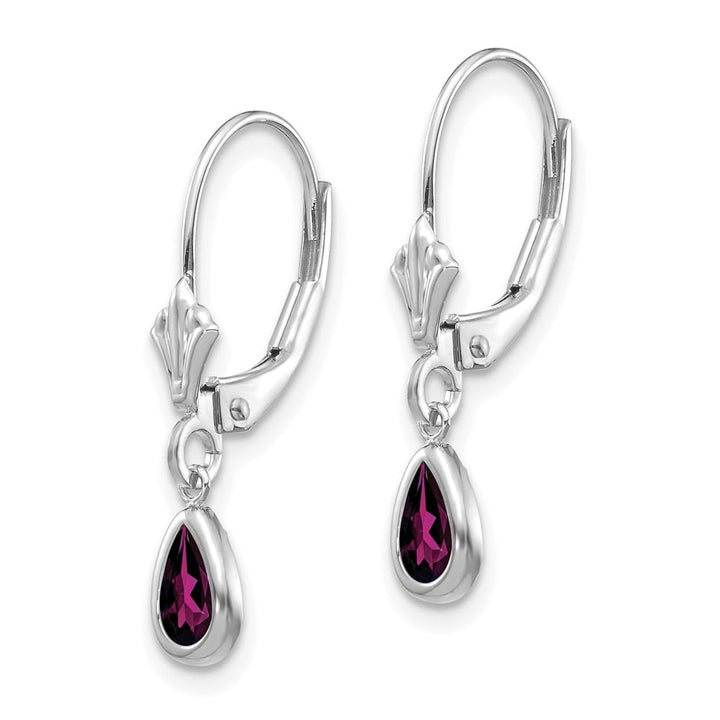14K White Gold 6x4 Pear Bezel June/Rhodolite Garnet Leverback Earrings, view 2 of 4