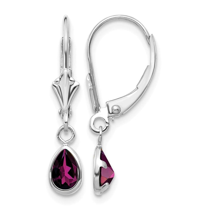 14K White Gold 6x4 Pear Bezel June/Rhodolite Garnet Leverback Earrings, view 1 of 4