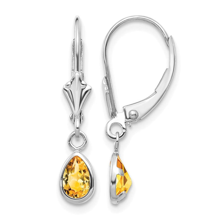 14K White Gold 6x4 Pear Bezel November/Citrine Leverback Earrings, view 1 of 4
