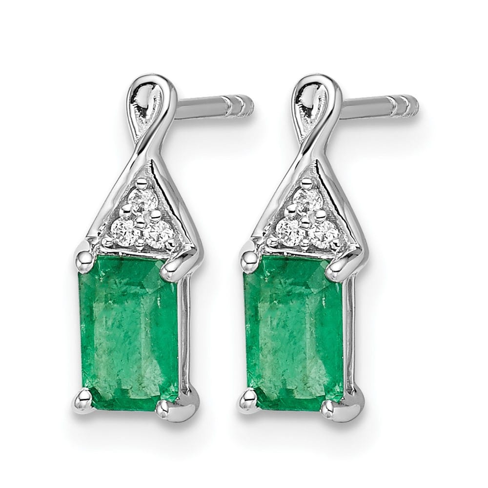 14K White Gold 6x4mm Emerald-cut Emerald and Diamond Post Earrings, view 2 of 4