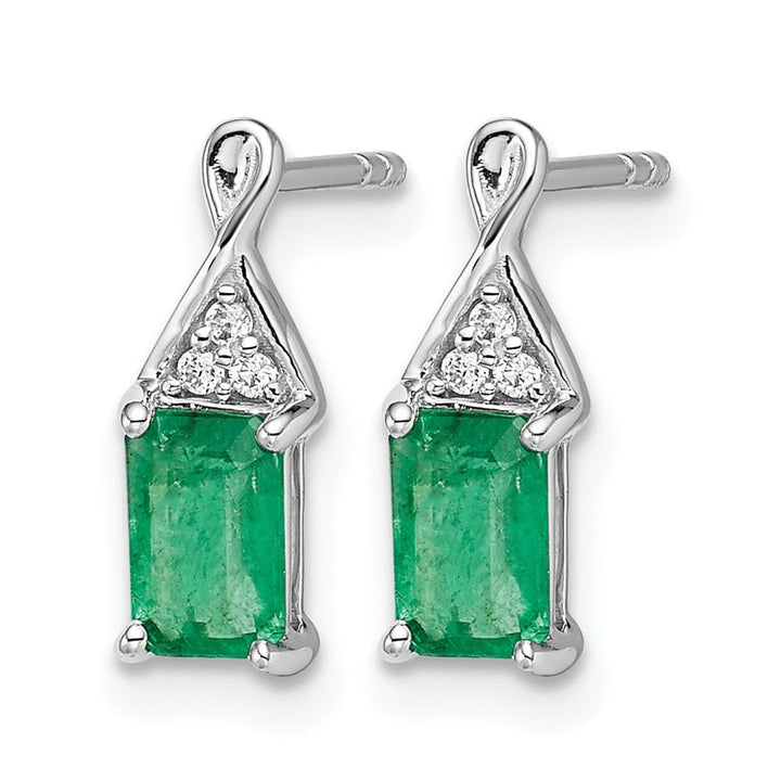 14K White Gold 6x4mm Emerald-cut Emerald and Diamond Post Earrings, view 2 of 4