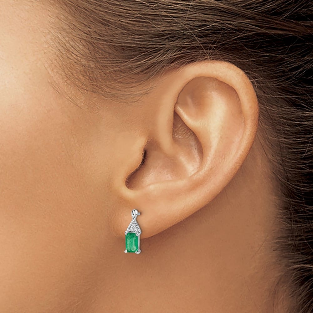 14K White Gold 6x4mm Emerald-cut Emerald and Diamond Post Earrings, view 3 of 4