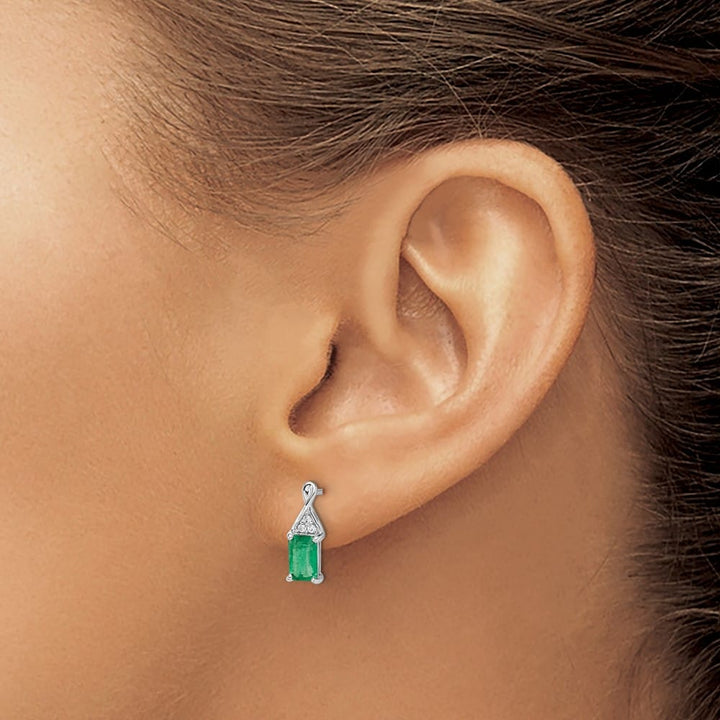 14K White Gold 6x4mm Emerald-cut Emerald and Diamond Post Earrings, view 3 of 4