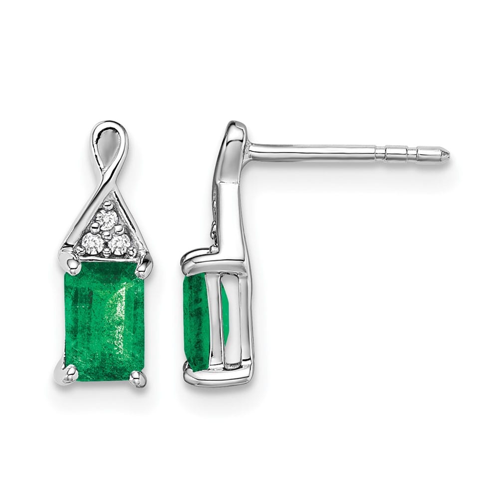 14K White Gold 6x4mm Emerald-cut Emerald and Diamond Post Earrings, view 1 of 4