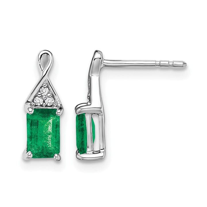 14K White Gold 6x4mm Emerald-cut Emerald and Diamond Post Earrings, view 1 of 4