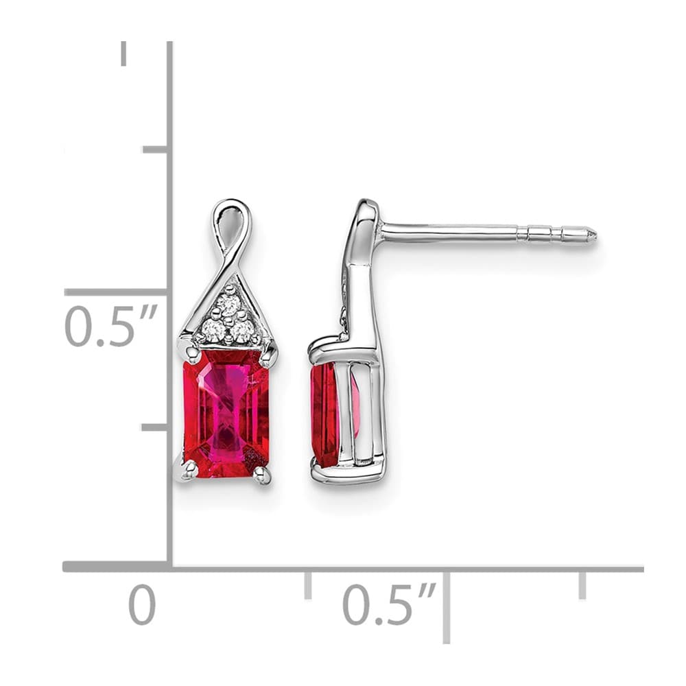 14K White Gold 6x4mm Emerald-cut Ruby and Diamond Post Earrings, view 4 of 4