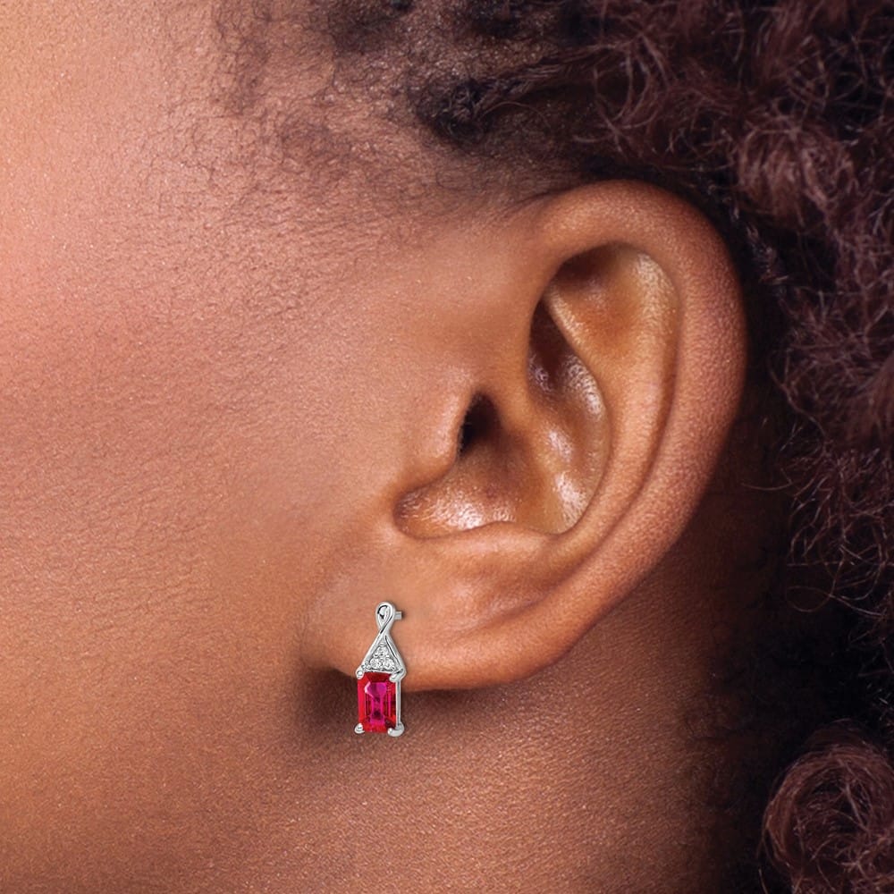 14K White Gold 6x4mm Emerald-cut Ruby and Diamond Post Earrings, view 3 of 4