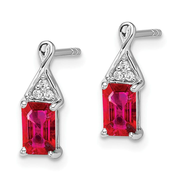 14K White Gold 6x4mm Emerald-cut Ruby and Diamond Post Earrings, view 2 of 4