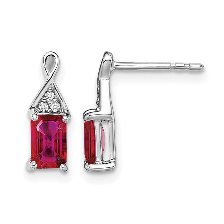 14K White Gold 6x4mm Emerald-cut Ruby and Diamond Post Earrings, view 1 of 4
