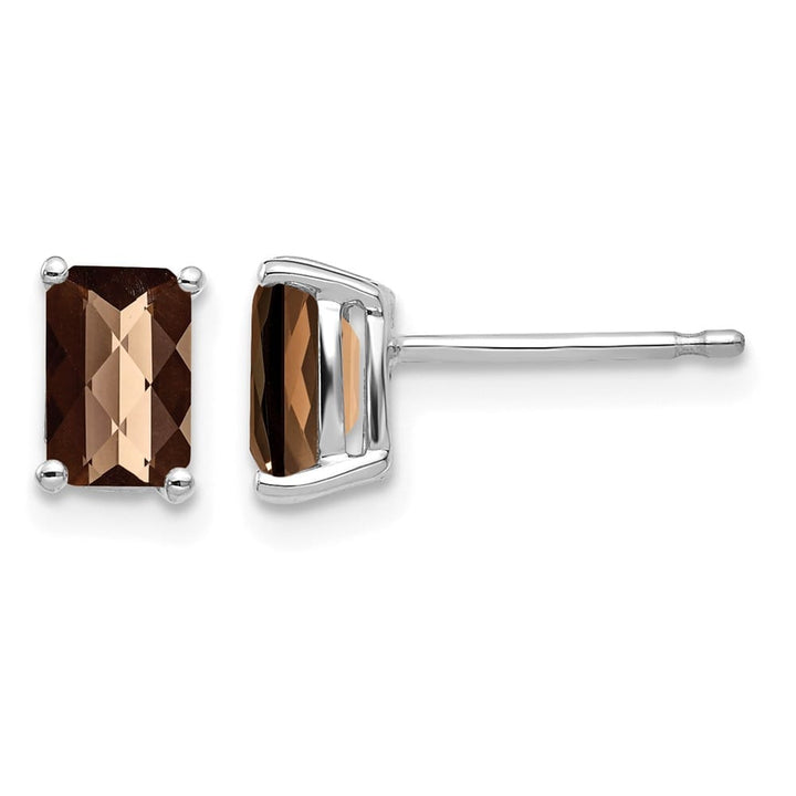 14K White Gold 6x4mm Octagon Checker-Cut Smoky Quartz Post Earrings, view 1 of 4