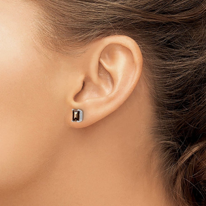 14K White Gold 6x4mm Octagon Checker-Cut Smoky Quartz Post Earrings, view 3 of 4