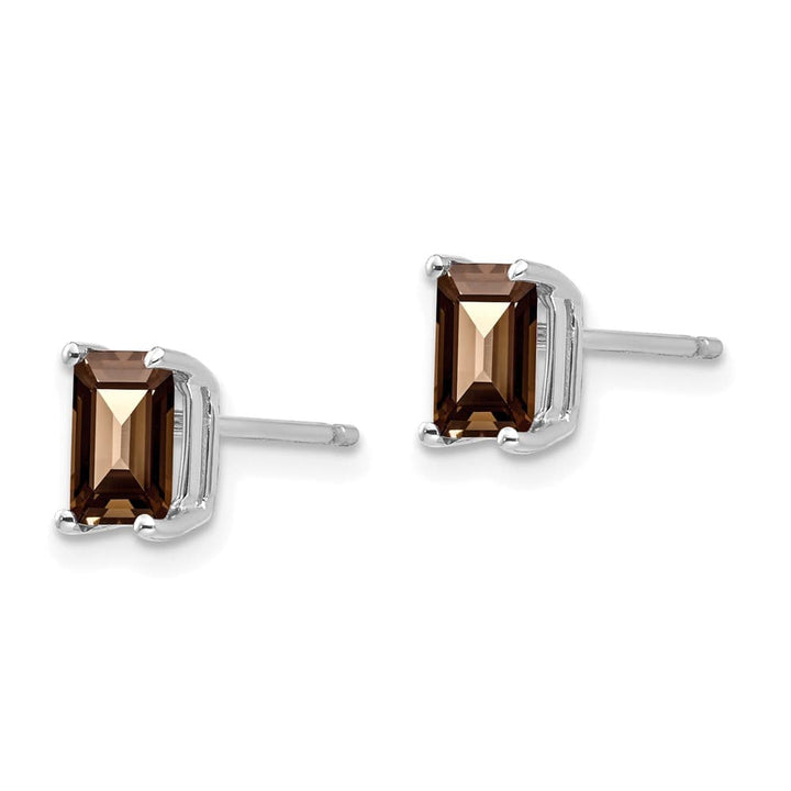 14K White Gold 6x4mm Octagon Checker-Cut Smoky Quartz Post Earrings, view 2 of 4