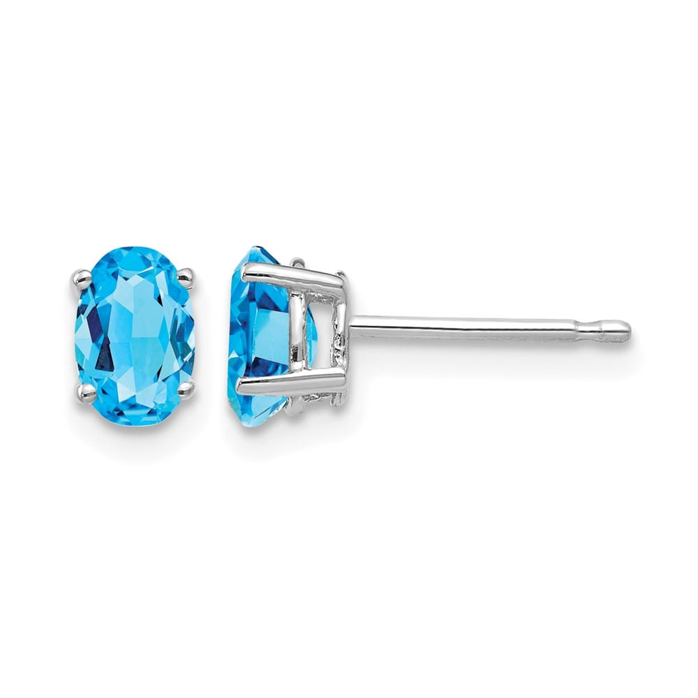 14K White Gold 6x4mm Oval Blue Topaz Post Earrings, view 1 of 4