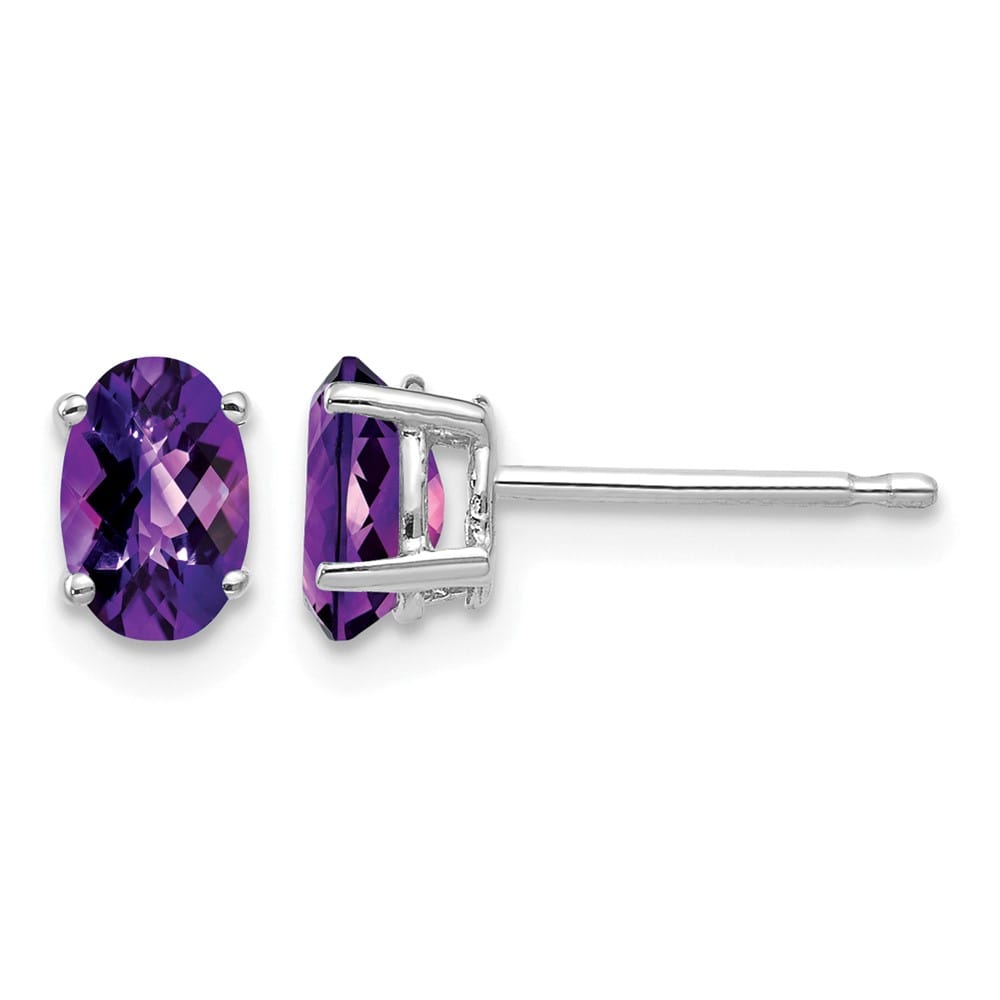 14K White Gold 6x4mm Oval Checker-cut Amethyst Post Earrings, view 1 of 4