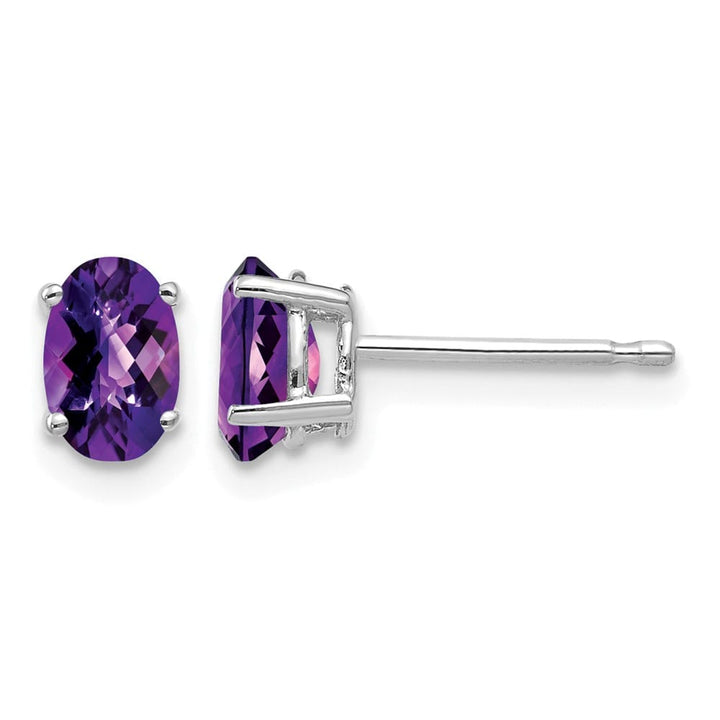 14K White Gold 6x4mm Oval Checker-cut Amethyst Post Earrings, view 1 of 4