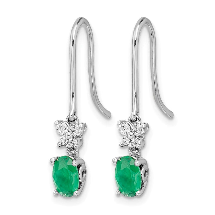 14K White Gold 6x4mm Oval Emerald and Diamond Shepherd Hook Earrings, view 2 of 4
