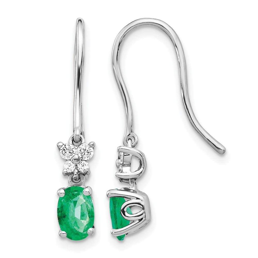14K White Gold 6x4mm Oval Emerald and Diamond Shepherd Hook Earrings, view 1 of 4