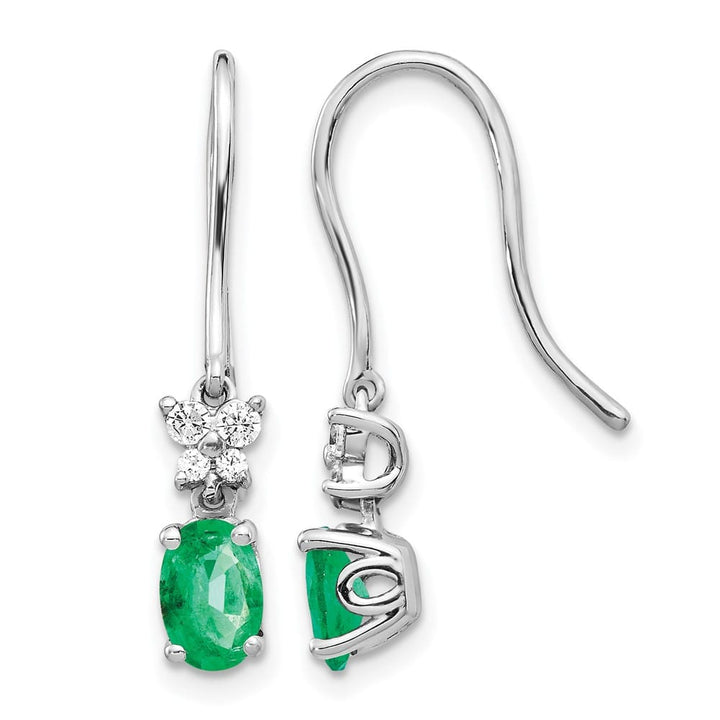 14K White Gold 6x4mm Oval Emerald and Diamond Shepherd Hook Earrings, view 1 of 4