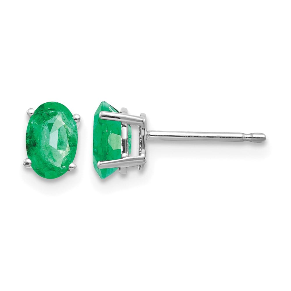 14K White Gold 6x4mm Oval Emerald Post Earrings, view 1 of 4