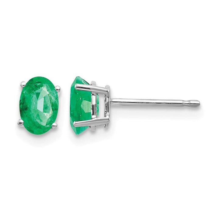 14K White Gold 6x4mm Oval Emerald Post Earrings, view 1 of 4