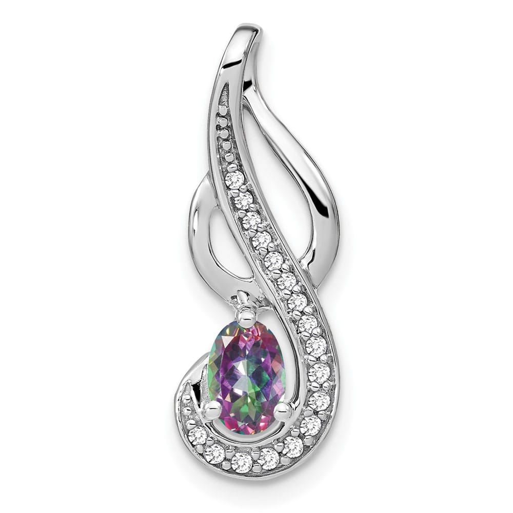 14K White Gold 6x4mm Oval Mystic Fire Topaz and Diamond Swirl Pendant