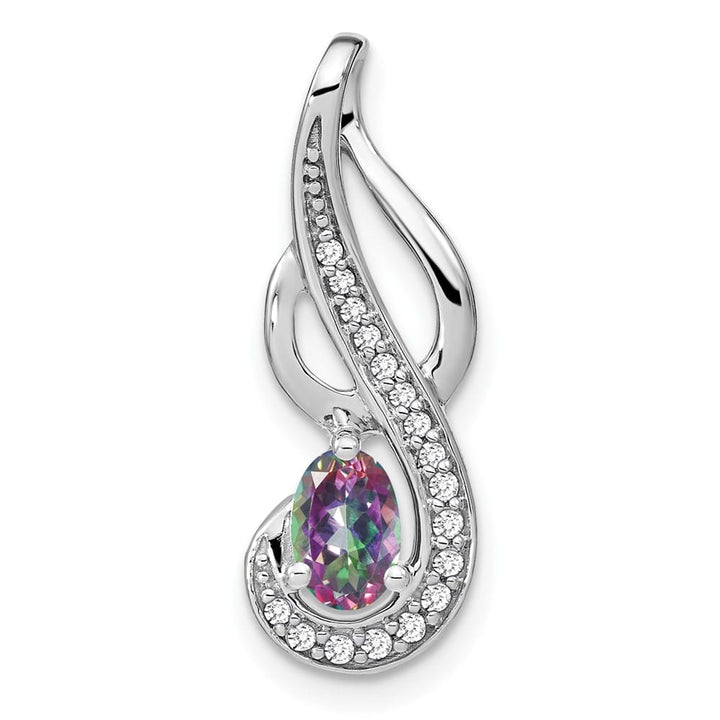 14K White Gold 6x4mm Oval Mystic Fire Topaz and Diamond Swirl Pendant