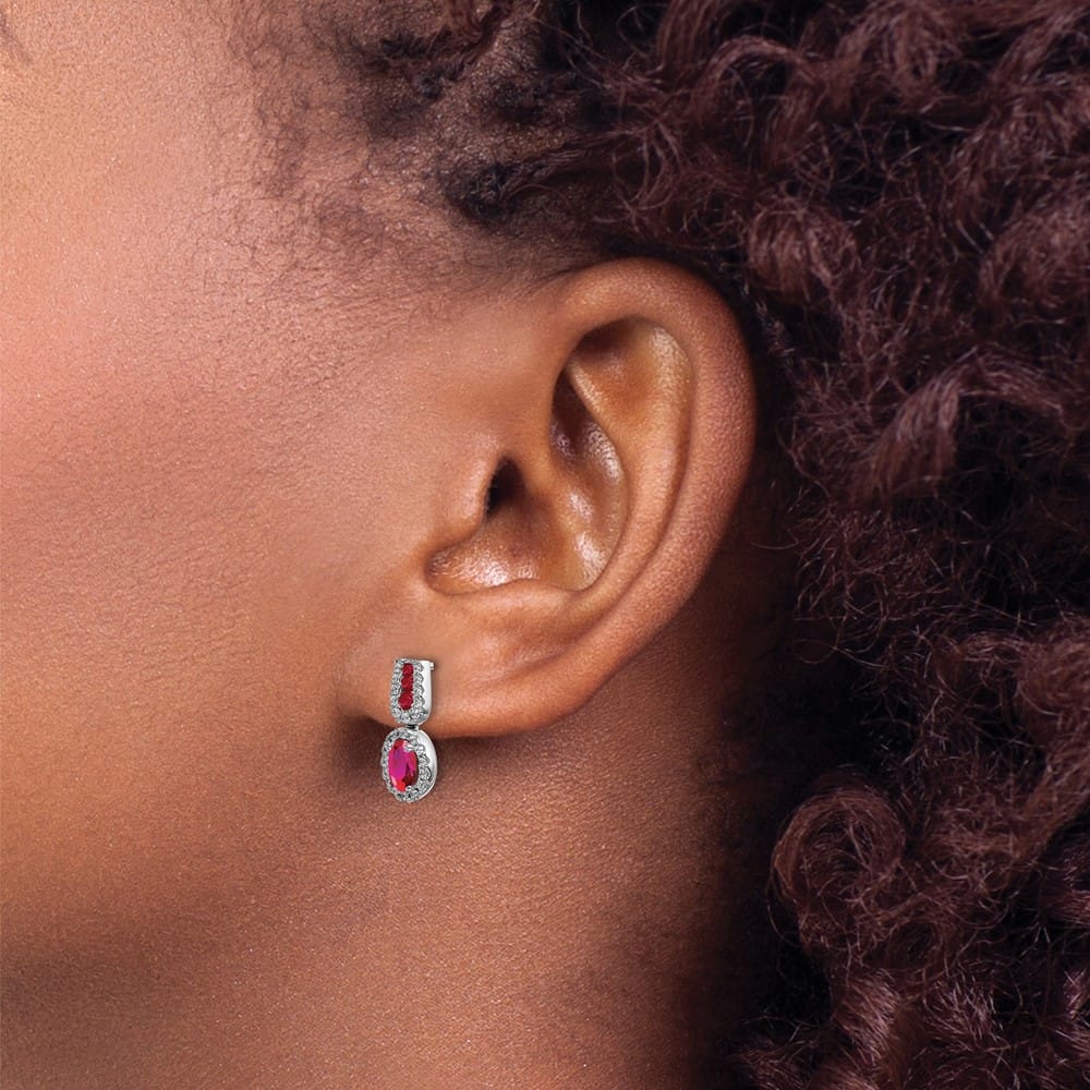 14K White Gold 6x4mm Oval Ruby and Diamond Halo Post Earrings, view 3 of 4