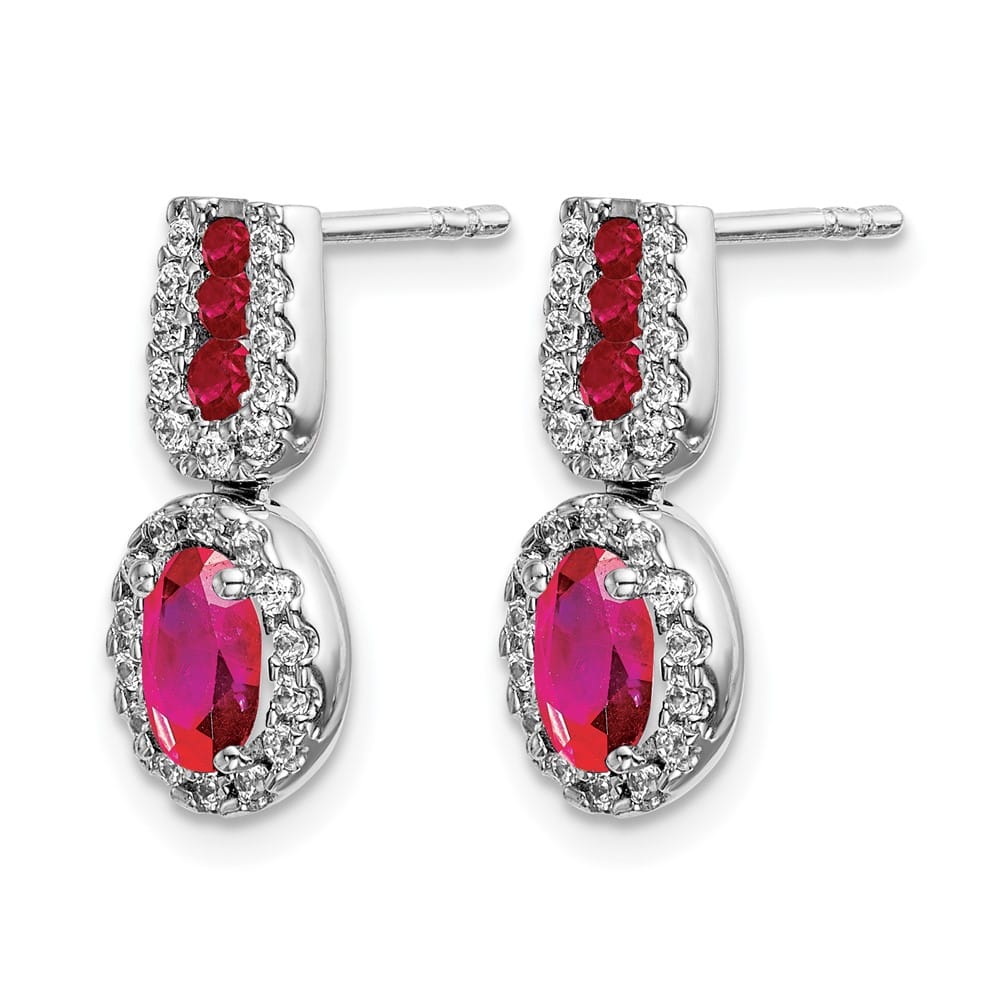 14K White Gold 6x4mm Oval Ruby and Diamond Halo Post Earrings, view 2 of 4