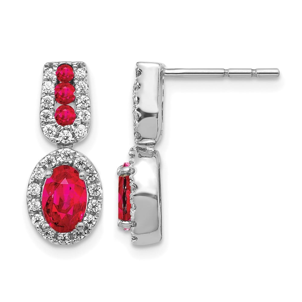 14K White Gold 6x4mm Oval Ruby and Diamond Halo Post Earrings, view 1 of 4
