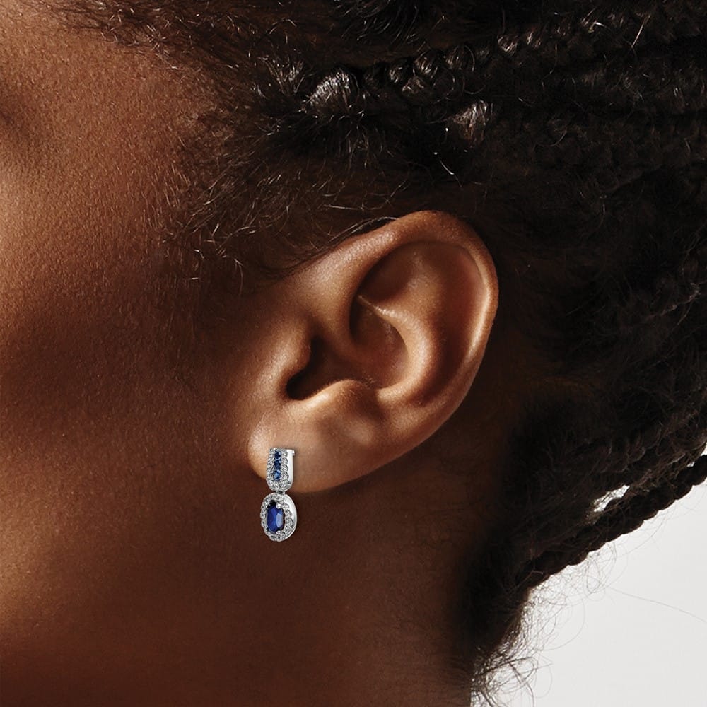 14K White Gold 6x4mm Oval Sapphire and Diamond Halo Post Earrings, view 3 of 4