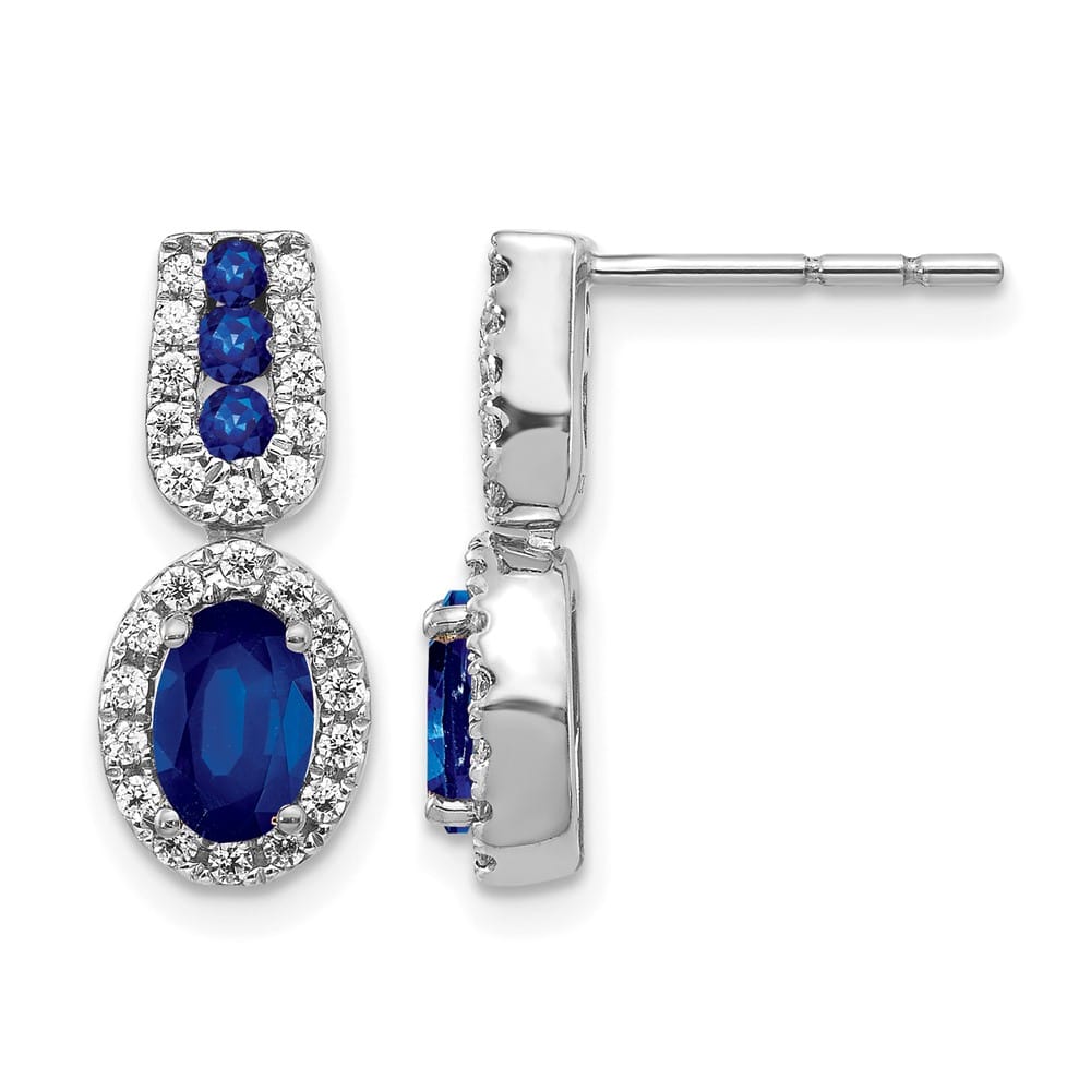 14K White Gold 6x4mm Oval Sapphire and Diamond Halo Post Earrings, view 1 of 4